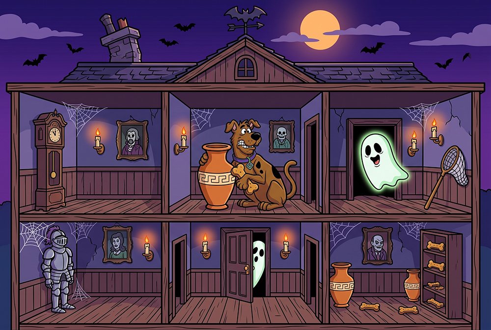 Cutaway of a haunted house at night: Spooky-Doo hides behind a vase clutching a dog biscuit while a friendly ghost floats in the next room beside a monster net