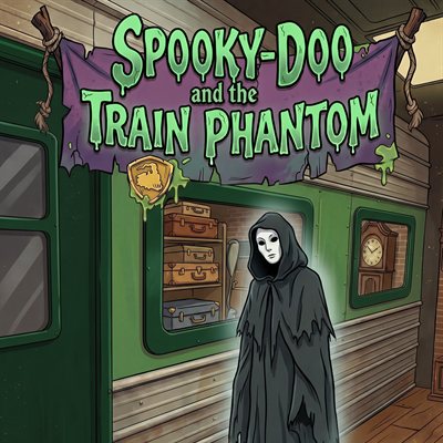 Spooky-Doo and the Train Phantom escape room: a hooded, masked phantom beside an old train car